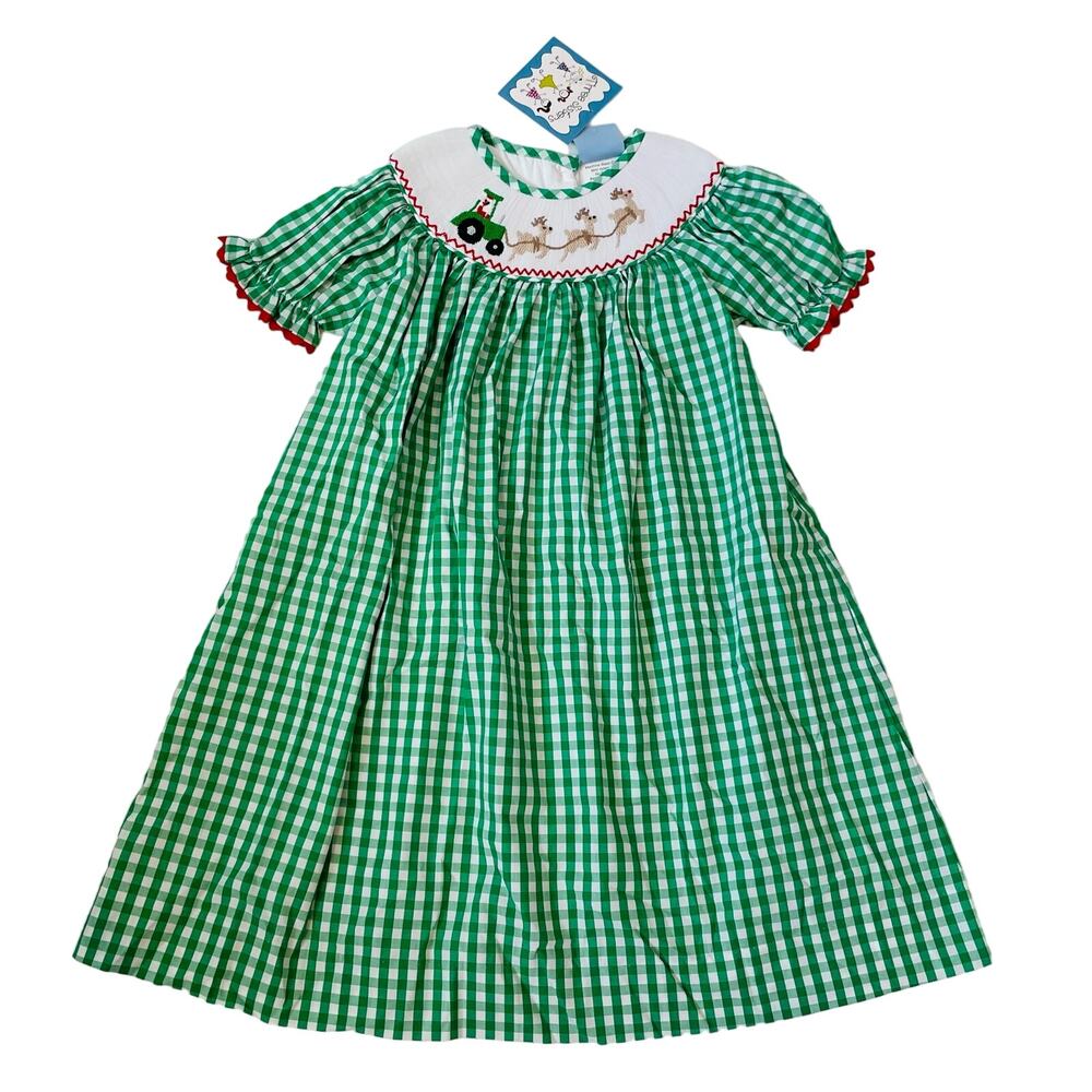 NWT Three Sisters Size 5 Santa Tractor Smocked Dress